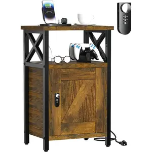 Wooden Nightstand with Lock, Bedside Table with Drawer, Bed Side Table with  Station, 3 USB & 2 Outlets, Night Stand with Storage Cabinet, End Table for Bedroom, Brown