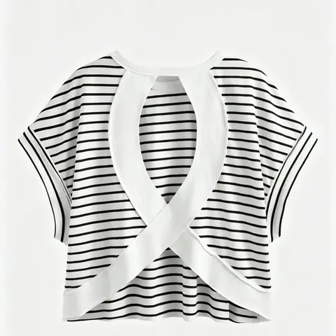 1 Piece Striped Back Cross Cutout T Shirt for Women, Round Neck Short Sleeve Loose Fit Crop Top, Stretchy Breathable Fabric, Figure Flattering Casual Cropped Tees for Daily Wear Streetwear Going Out Casual Summer Wear