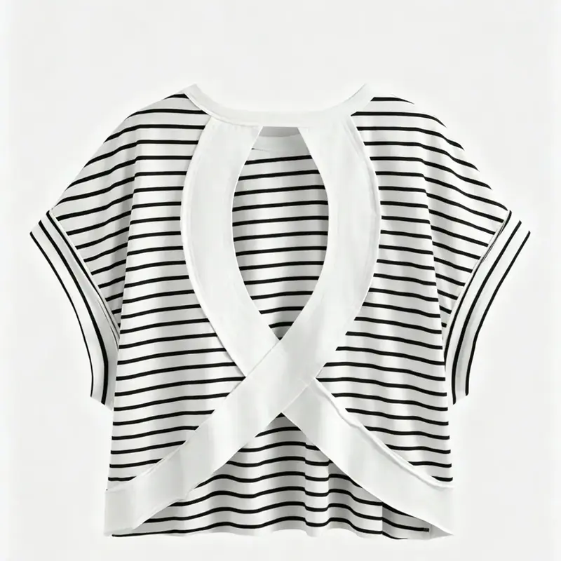 1 Piece Striped Back Cross Cutout T Shirt for Women, Round Neck Short Sleeve Loose Fit Crop Top, Stretchy Breathable Fabric, Figure Flattering Casual Cropped Tees for Daily Wear Streetwear Going Out Casual Summer Wear