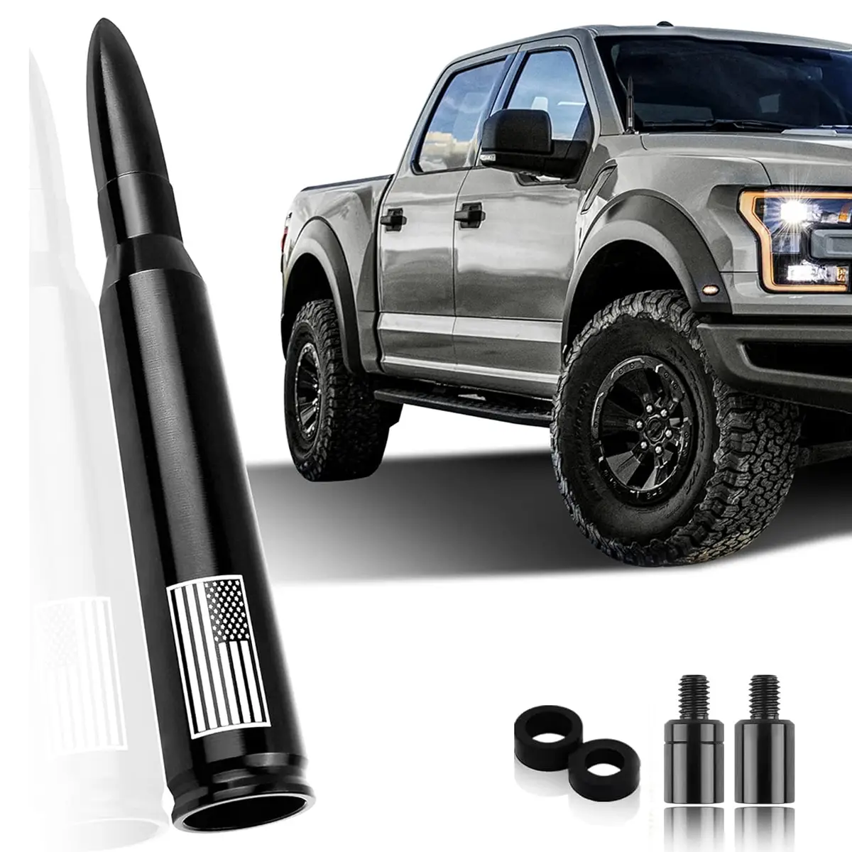 5.5in Black 50 Cal Ammo-Style Hard-Anodized Metal Universal Car Short Antenna Replacement, Screw-On Durable Aluminium, Chevy/GMC Ready, Compatible with Chevrolet Silverado 1500/2500/3500 & GMC Sierra 1500, Exterior Accessory for Radio Signal & Decoration