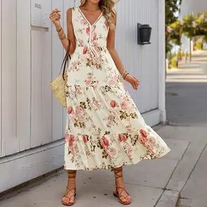 Women's High-Waisted Polyester Ditsy Floral Print V-Neck Sleeveless Maxi Dress - Chic Flowy Bohemian Outfit, 2025 Spring Summer Beach Vacation Mom Sundress, S-XL tiktokshopspringglowup