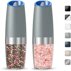 Gravity Electric Salt And Pepper  Set, Automatic Salt And Pepper  Set,   (6 AAA  Each), Adjustable Roughness, LED Light, 2 Pack, (Light Grey)
