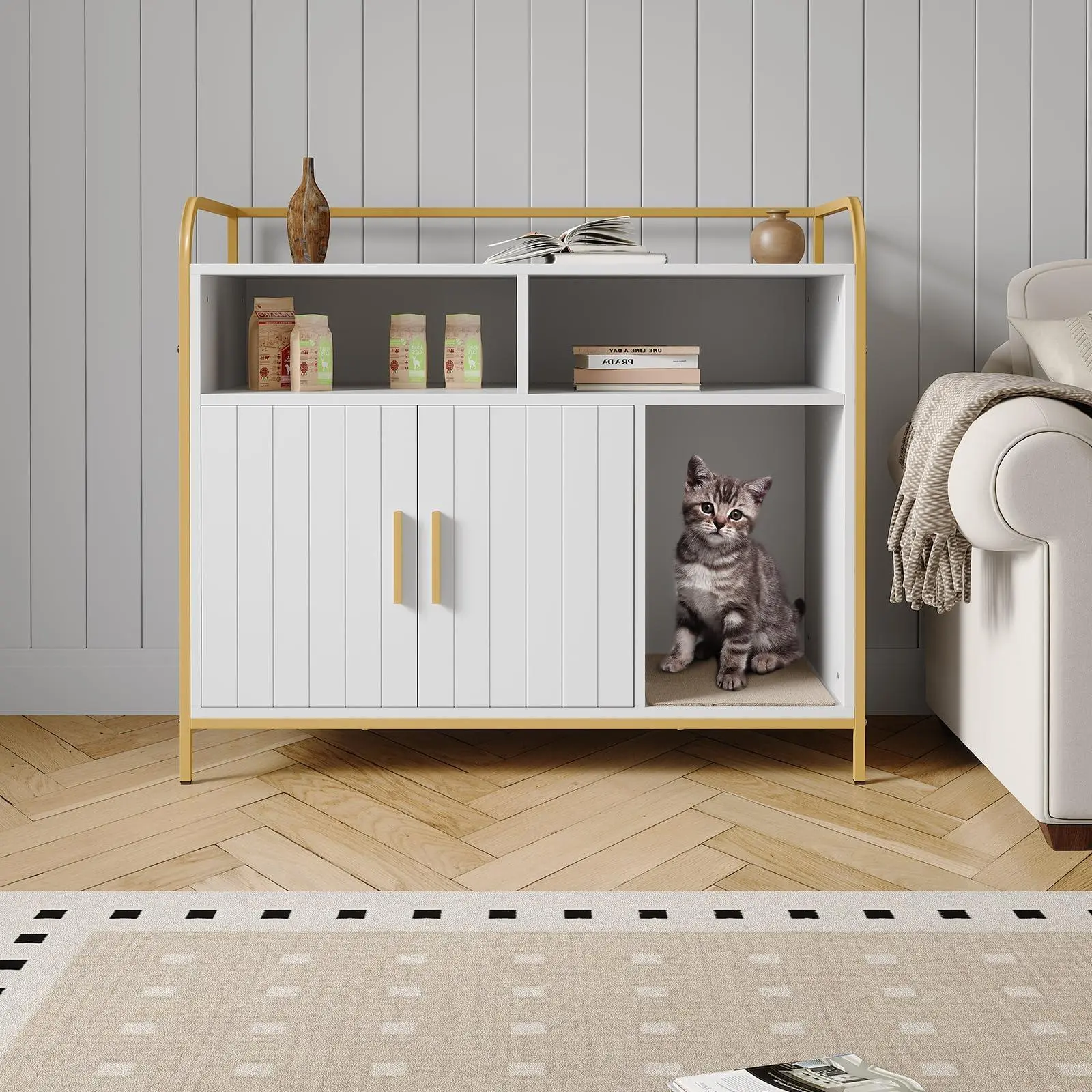37.4'' Cat Litter Box Enclosure Hidden Cat Washroom Cabinet with Side Entry Wooden Cat House Furniture & Indoor Pet Crate Decorative End Table for Small & Large Kitty