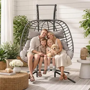 Double Egg Swing Chair with Stand for Outdoor, Patio Hand Made Rattan Wicker 2 Double Hanging Egg Chairs Hammock Chair with UV Resistant Cushion and Metal Frame, Porch Swing Loveseat for Backyard (Light Grey, Charcoal)