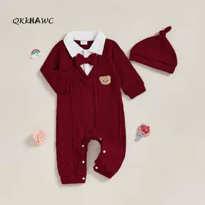 Baby 2Pcs Fall Outfits Long Sleeve Bear Embroidery Bowtie Jumpsuit with Hat Set Newborn Clothes