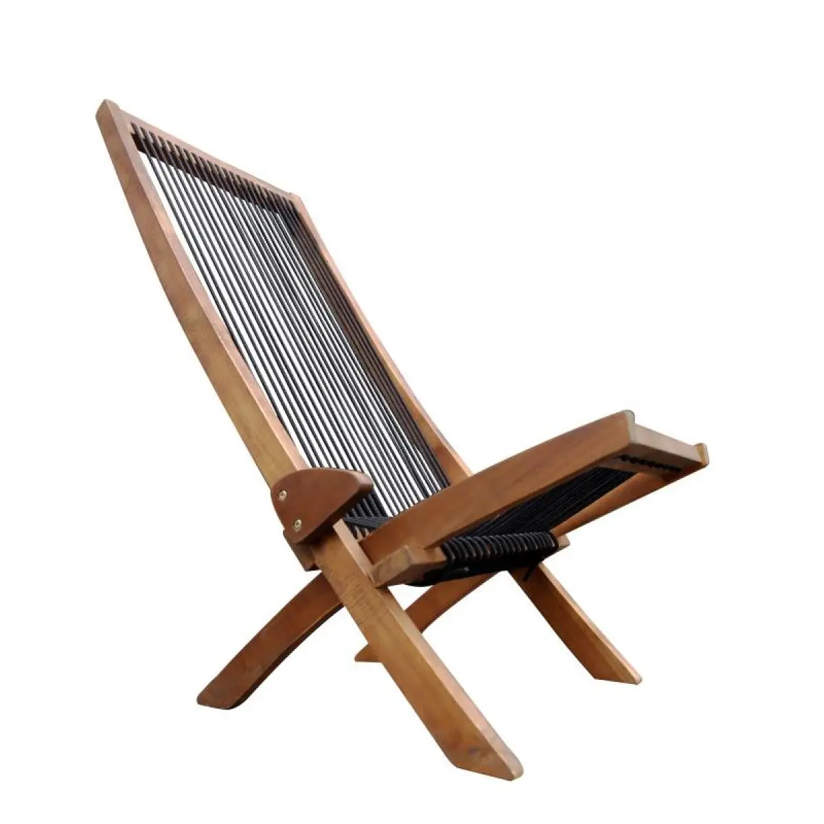 Ergonomic Folding Rope Wood Chair, Weather-Resistant Outdoor Lounge Recliner for Lawn, Beach, Patio & Camping