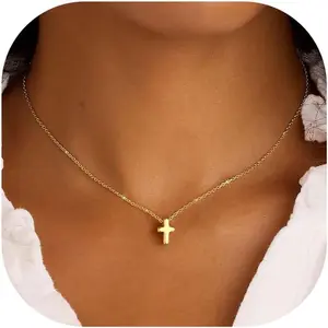 Cross Necklace for Women - Dainty Cute Bubble 3D Cross Pendant Necklace Sideways Cross Choker Layered 14K Real Gold Plated Cross Necklace Gifts for Women Girls