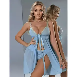 Women Sky Blue Mesh Lace Floral Trim Sweet Babydoll Set, Ideal for Romantic Bedroom Moments, Valentine's Day, Sleepwear & Intimate Wear