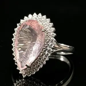Pear Shape Rose Quartz Statement Ring 925 Sterling Silver Adjustable | 18.3×11.4mm Faceted Natural Pink Crystal Cocktail Ring with CZ Halo