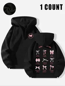 "God is with her" Sweet and Cool Faith Loose Women's Hoodie Sweatshirt, Half-Zip Pullover with Pink Bow and Inspirational Print, Suitable for Casual Gatherings and Faith-Inspired Styles, Casual Hooded Sweatshirt