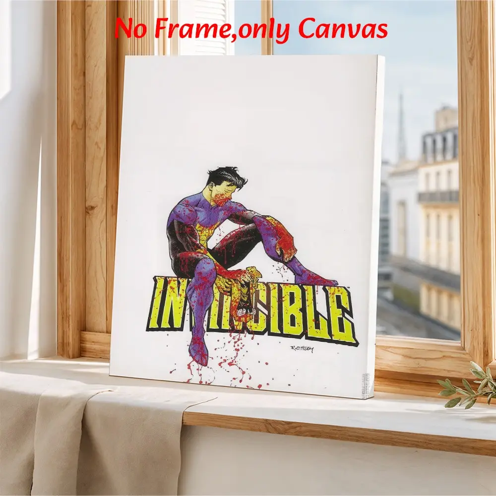 Comic Wall Art Painting, Invincible Battle-Worn Superhero Poster, Edgy Superhero Comic Art Printing, Blue Yellow and Red Canvas Decoration, Living Room & Bedroom Aesthetic, Perfect Gift For Comic Fans, Unframed
