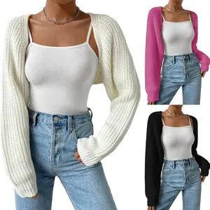 Women's Open Front Cropped Cardigan Elegant Long Sleeve Solid Color Loose Ribbed Knit Shrug Sweater Bolero Tops Knitwear Ladies Casual Streetwear Womenswear for Spring Fall