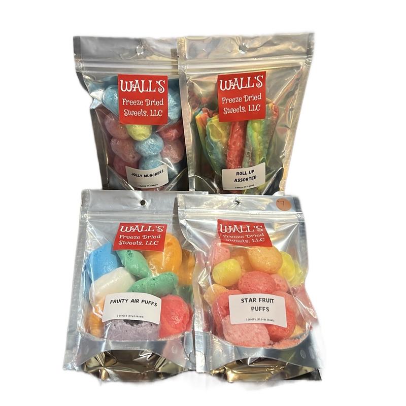 Freeze Dried Candy Bundle! Jollies, Star Fruity Puffs, Roll Ups and Air Puffs all together in a nice bundle! Free Shipping! Fast Delivery!