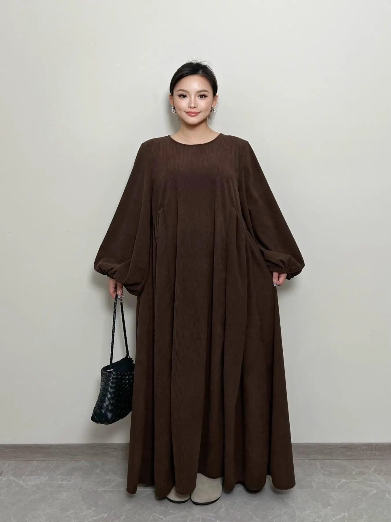 Women's Solid Color Corduroy Long Sleeve Dress, Casual Round Neck Long Dress for Fall & Winter, Women's Islamic Clothing for Daily Wear