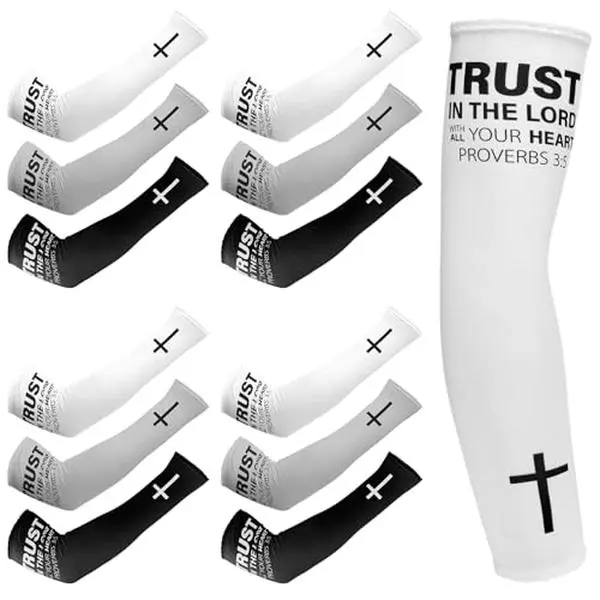 6/10Pairs Cross Arm Sleeve for Summer Christian Cooling Arm Sleeves with Bible Verse Protection Arm Sleeves for Men Women Youth Football Baseball Basketball Running Cycling Outdoor Activities