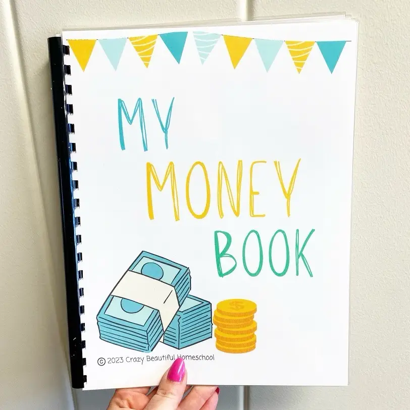 Money learning activity book. Counting money, coin sorting, beginning finance book.