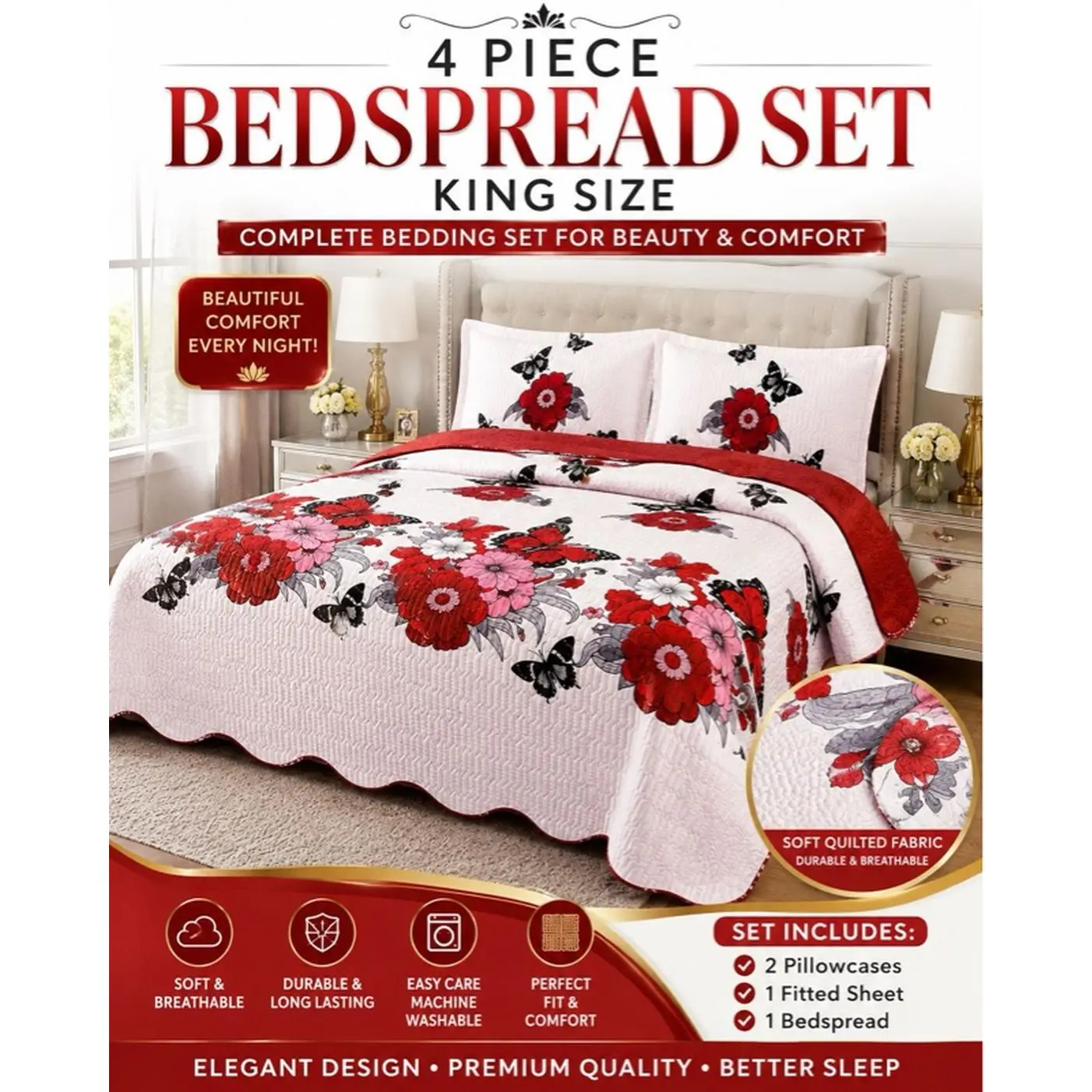 4 Piece Bedspread Set King Size Soft Quilted Fabric Elegant Design Premium Quality Better Sleep Includes 2 Pillowcases 1 Fitted Sheet 1 Bedspread