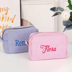 Personalized Seersucker Cosmetic Bag: Embroidered Monogram Toiletry Bag