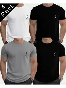 Men's New Round Neck Short Sleeve T-Shirt Set, Small Lightning Print, Multi-Color, Casual Wear, All Seasons, Sporty Style, Top, Menswear
