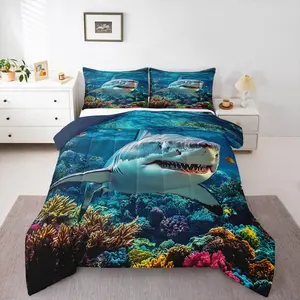 Ocean Sea Animal Duvet Quilt Shark Comforter for Kids Boys Girls Decor Marine Theme Bedding Set Breathable Soft Lightweight Microfiber Bedroom Decor Quilt Set