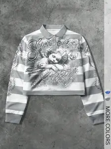 1PC Men‘s Cropped Long Sleeve Polo shirt, Y2K Stripe Streetwear with Edgy Sleeve Graphics, Soft and Casual Top, for in Casual Hangouts and Urban Exploration