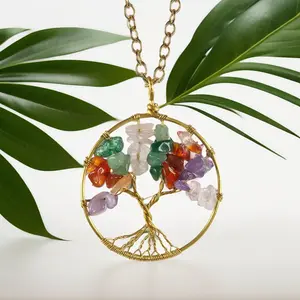Mixed Gemstone Tree of Life Wire Wrap Pendant Necklace, Energy Healing Gemstone Necklace for Women