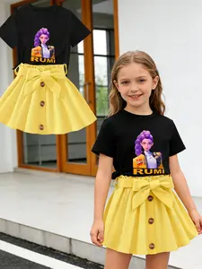 Girls Kpop Summer Rumi Hair Print T-Shirt & Bow Skirt Set, Cute Cartoon Style, Fashionable Two-Piece for Daily Wear