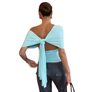 Ruched Off Shoulder V Neck Open Back  Short Sleeve Crop Top for Women's 2026 Summer New T-Shirt with Knotted Tie Draped Slim Fit Bodycon Elegant Casual Street Sexy Tops summerwins