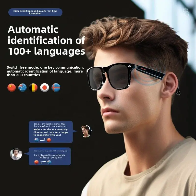 AI Smart Wearable Glasses with Bluetooth, 100+ Multi-Language Real-Time Interpretation, Color Display, Temple Music Player, Phone Call Answering for KOLs (Novelty Gag Toy), Lens