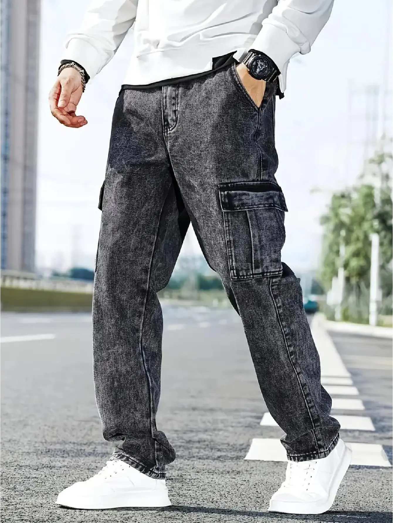 Menswear Washed Mid-Waist Straight Leg Denim Jeans - Streetwear Fit with Side Flap Pockets, All-Season Minimalist Pants, Men's Pants, Straight Leg Jeans, Basics, All-Season Men's Pants