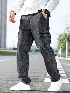 Men's Denim All-Cotton Casual Mid-Rise Washed-Style Straight Jeans - Straight-Leg Pants with Slant Pockets, Side Flap Pockets - Suitable for All Seasons, All-Cotton Men's Pants