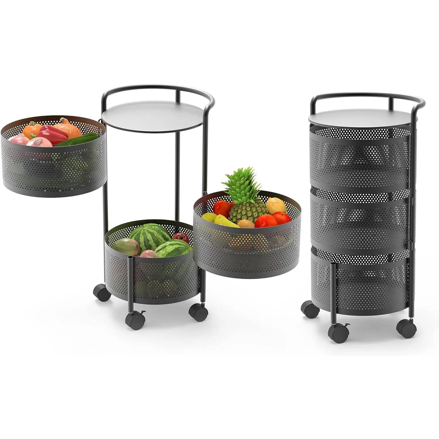 Rotating Storage Shelves Rack for Kitchen, 3-Tier Multi Layer Removable Basket Shelf Organizer on Rolling Wheels for Fruit Vegetable Grocery Corns Potato Onion (3-Tier, Black)