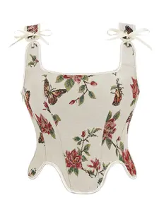 Women's Fashion New Tight Bodysuit, Butterfly Floral Pattern Jacquard Ribbed Corset Waist Shaping, Court Shoulder Back Tie Side Zipper Shapewear