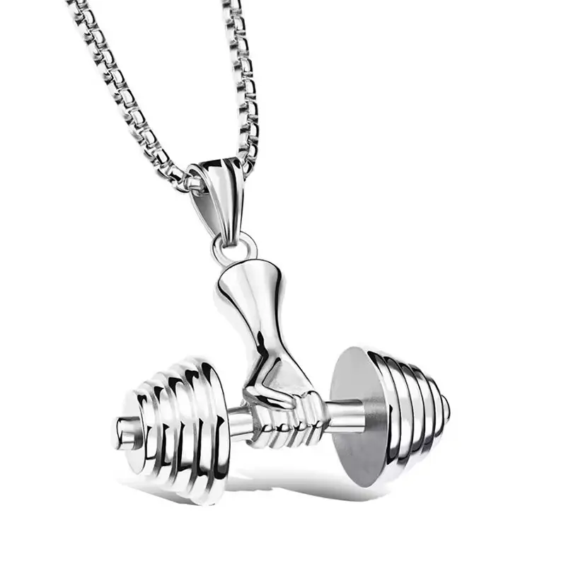 dumbbell barbell pendant, fitness men's titanium steel necklace.
