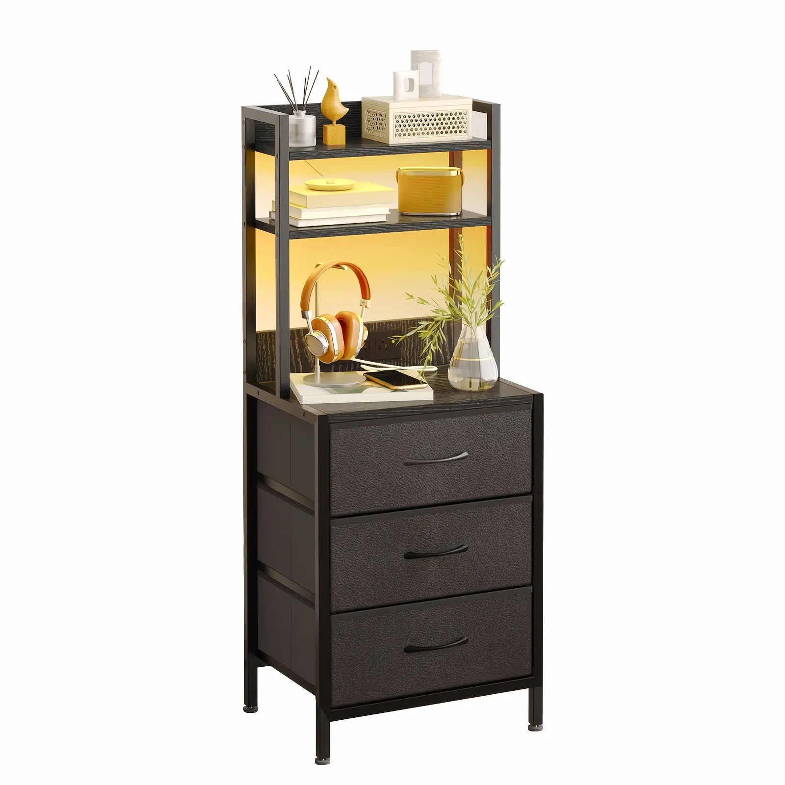41/47'' LED Nightstand With USB Ports & Outlets, Tall Bedside Table With Charging Station, 3/4-Drawer PU Fabric Storage Cabinet, Heavy Duty End Table For Apartment, Dorm Room & Living Room Decor, Black&Brown&White