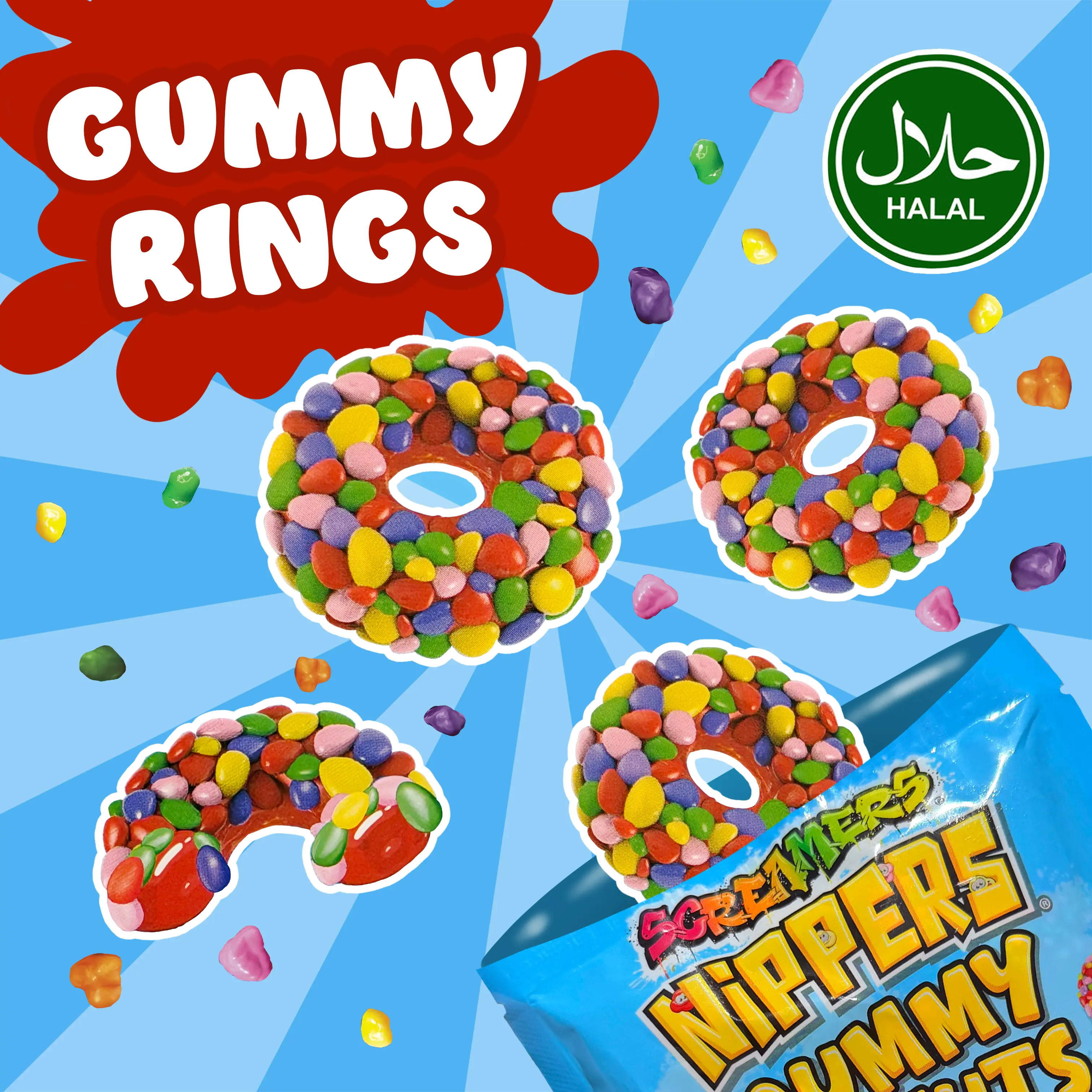 Halal Sour Crunchy Candy Gummy Rings – Chewy Sweet & Sour Candy Rings