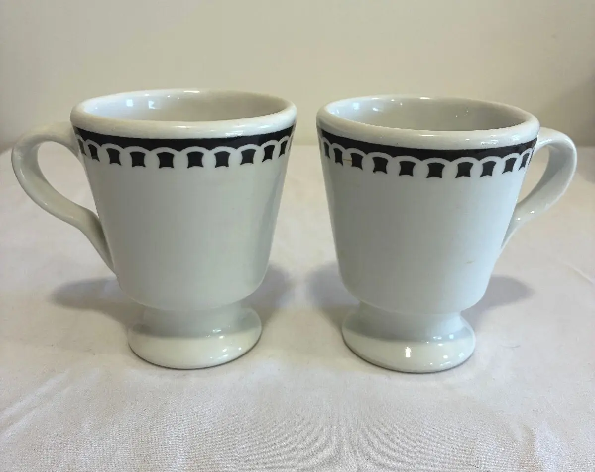 Vintage Sterling China Black Rimmed Pedestal Mugs, Set of 2, Restaurant Ware