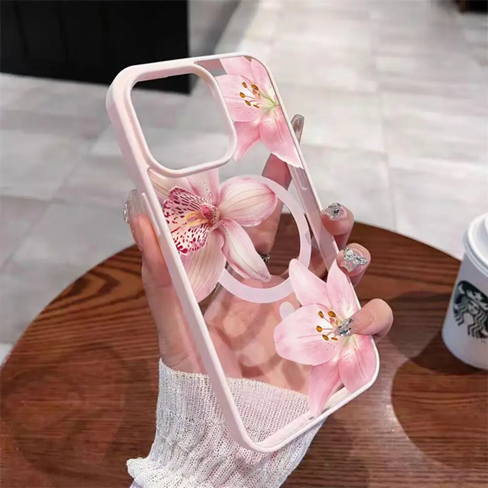 Pink Floral Lily Orchid Design MagSafe Smartphone Case - Shockproof, Ultra Thin, Magnetic Acrylic Back, TPU Edges, 2D Printing - for iPhone 17 Pro Max/Air,16/16e,15,14 Plus,13,12,11,X,XS - Handheld Cellphone Protection Cover, Valentine's Day Gift