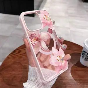 Pink Floral Lily Orchid Design MagSafe Case Shockproof for iPhone 17 Pro Max Air 16 16e 15 14 Plus 13 12 11 X XS Pattern Magnetic Acrylic Back TPU Edges Shockproof Ultra Thin Mobile Phone Cover Valentine's Day Gift 2D printing