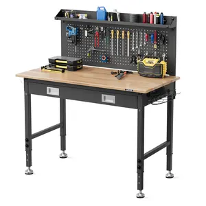 48 x 24 in Workstation with Drawer, Back Panel, 6-Level Adjustable Height, 2000 lbs Capacity, w/Rubberwood Top, Outlets, 4 Leveling Feet, Pegboard & Hooks for Garage
