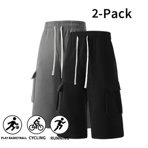 Men’s 2-Pack Cargo Shorts, Black & Dark Gray Athletic Casual Shorts with Pockets, Elastic Waist Drawstring Summer Shorts