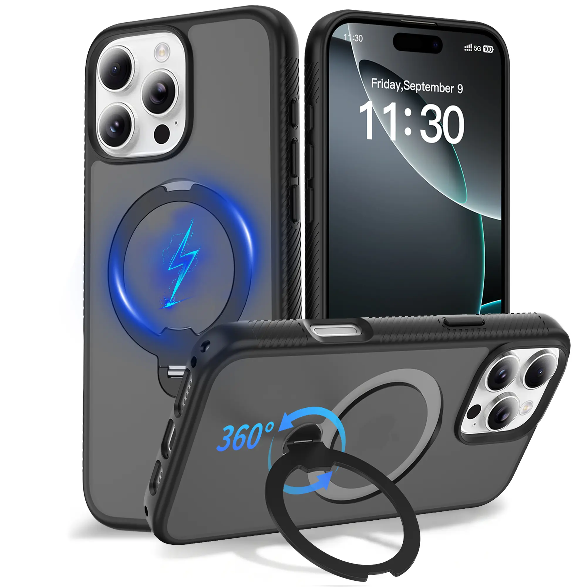 For Apple iPhone 17 17e 16 16e 15 14 13 12 Pro Max Shockproof Case, 360° Rotation Magnetic Kickstand Ring MagSafe Compatible Heavy Duty Frost Translucent Cover