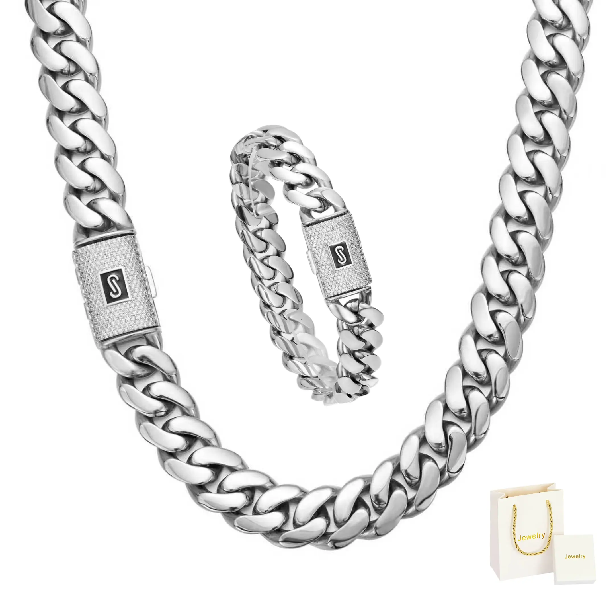 Cuban Chain Set for Men & Women, 316L Stainless Steel Necklace & Bracelet, Fashion Accessories