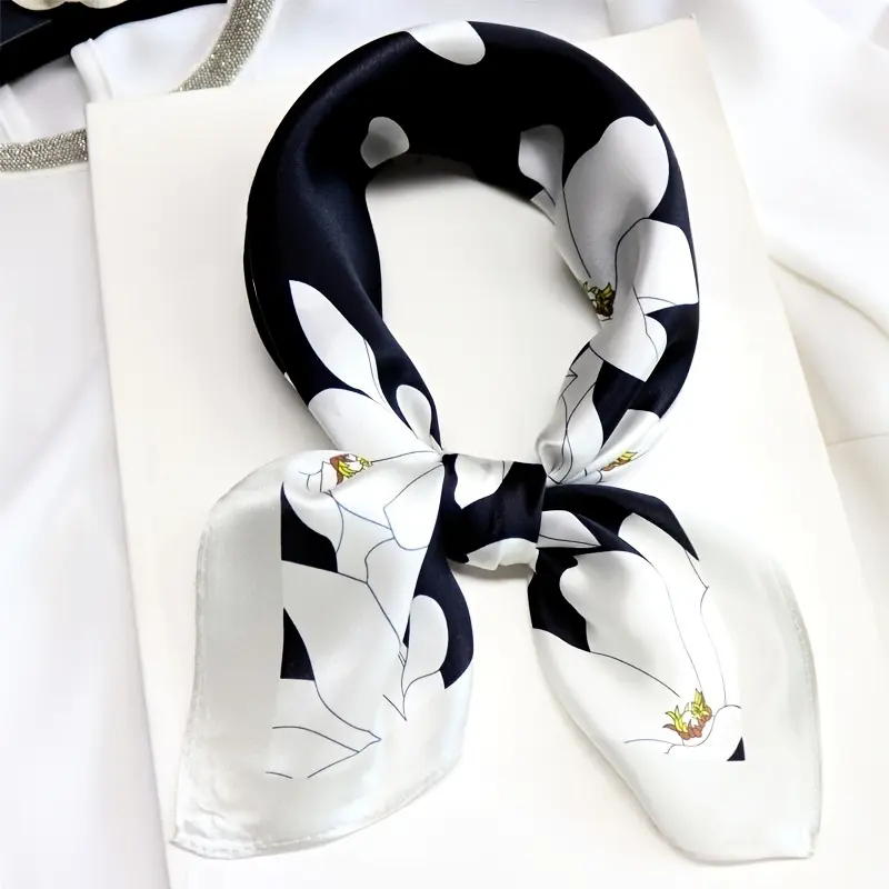 Women's Genuine Natural Silk-Polyester Blend Small Square Neckerchief - Floral Printed, Smooth, Breathable, Basic Versatile Design, Fabric Neckerchiefs, Printed Bandana Neckerchiefs, for Shirts/Knit Tops, Commute, All Seasons