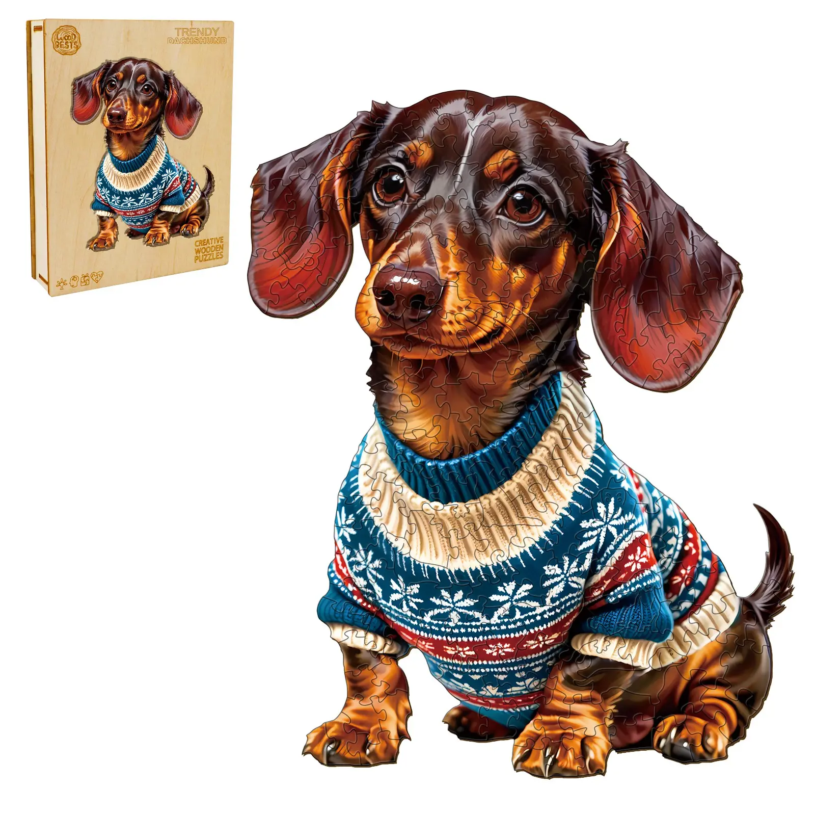 Trendy Dachshund Wooden Jigsaw Puzzle for Adults and Kids Unique Shape Animal Wood Puzzles Challenging Puzzle, Family Game Creative Gifts，Laser-Cut Durable HDF Wood Puzzle Winter
