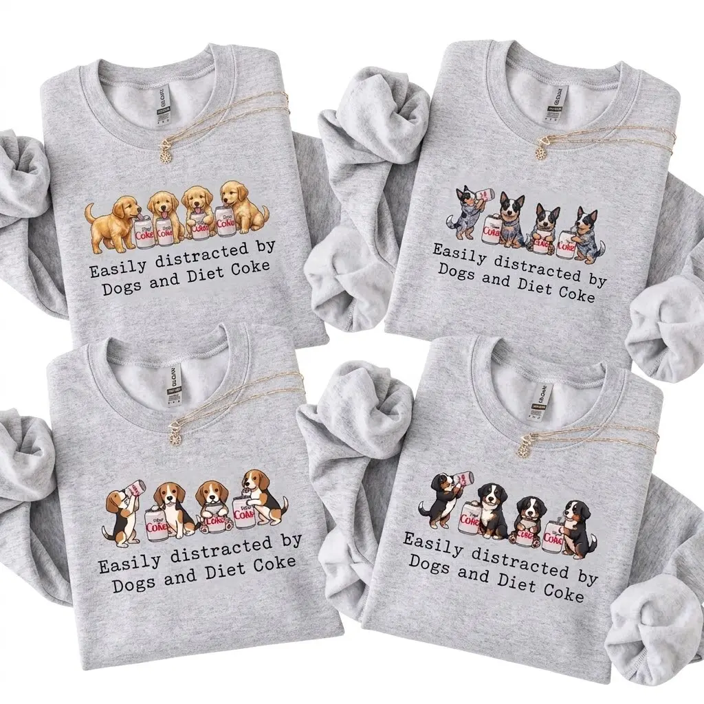 Custom 50 Dog Breeds Sweatshirt | Easily Distracted by Dogs and Soda Long Sleeve Pullover