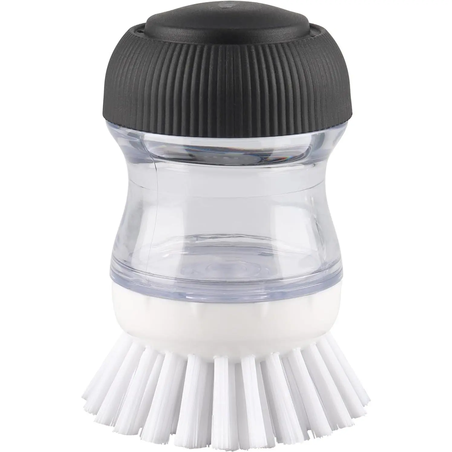 Dish Scrub Brush with Soap Dispenser, Kitchen Brush for Dish Pot Pan Sink Cleaning, 1 count Soap Dispensing Palm Brush, Black/Clear/White