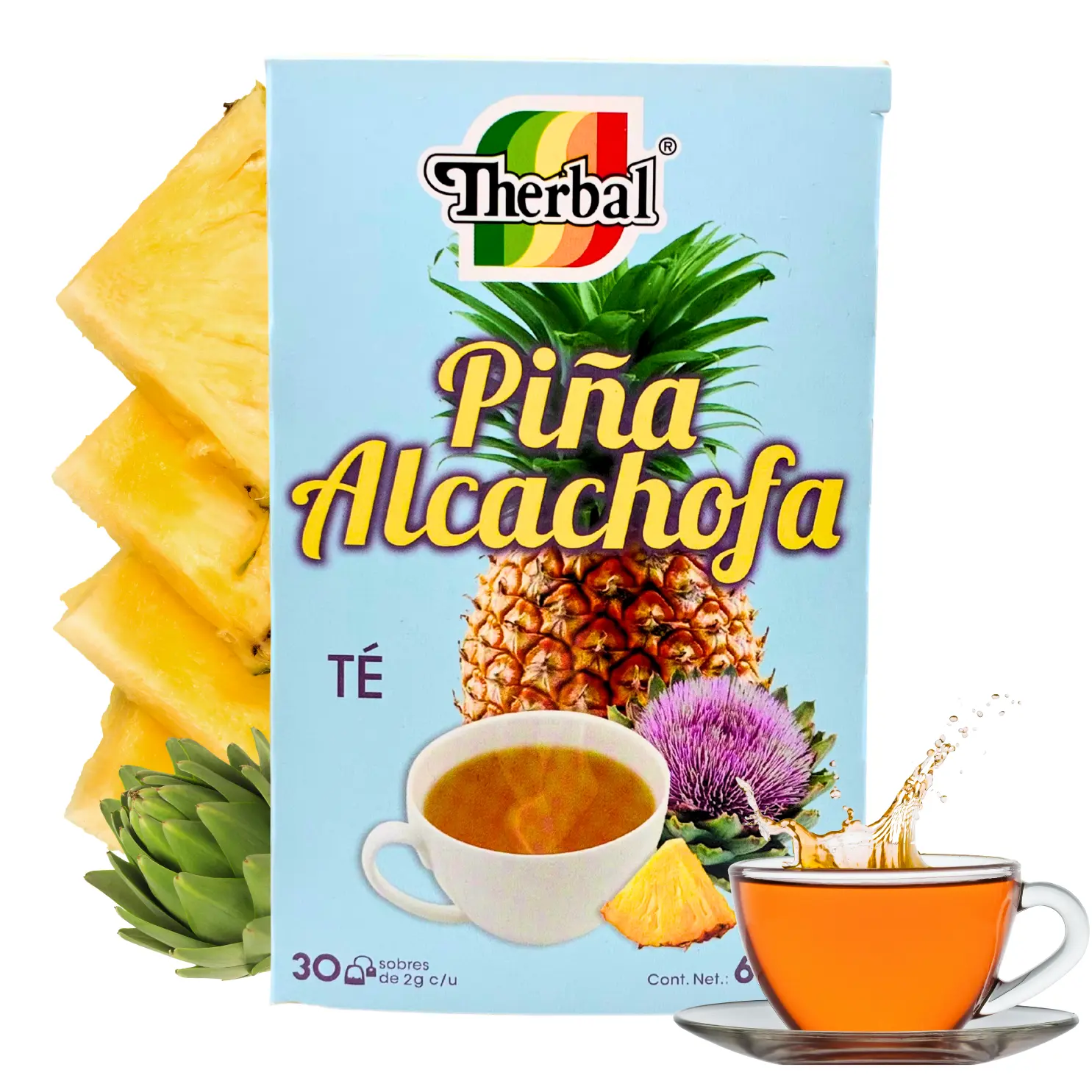 THERBAL Piña Alcachofa Fruit & Herbal Green Tea - 30 Bags, Pineapple & Artichoke Flavor, Refreshing Versatile Beverage for Tea Enthusiasts, Fruit & Herbal Tea