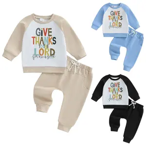 REDWOON Baby Boy Fall Clothes Toddler Thanksgiving Outfit Letter Color Block Long Sleeve Sweatshirt + Joggers Pant Set