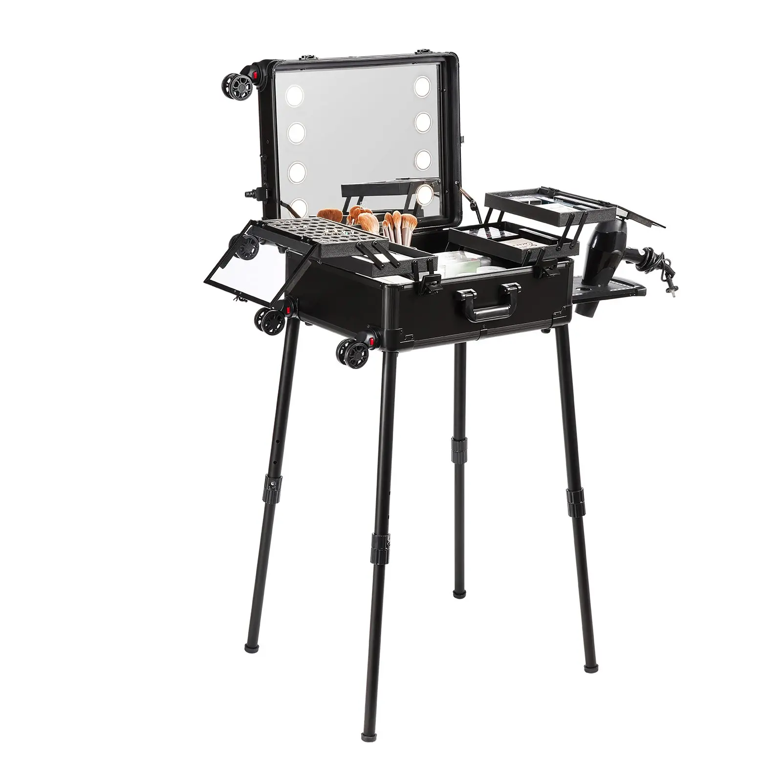 VEVOR Makeup Train Case with Lock, Lighted Mirror, 4 Storage Trays, Brush Holder, Travel Cosmetic Organizer Box w/ Swivel Wheels, Professional Artist Trolley Studio Free Standing Case
